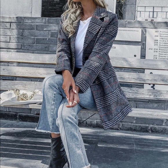 plaid print double breasted blazer jacket coat - Picture 5 of 6